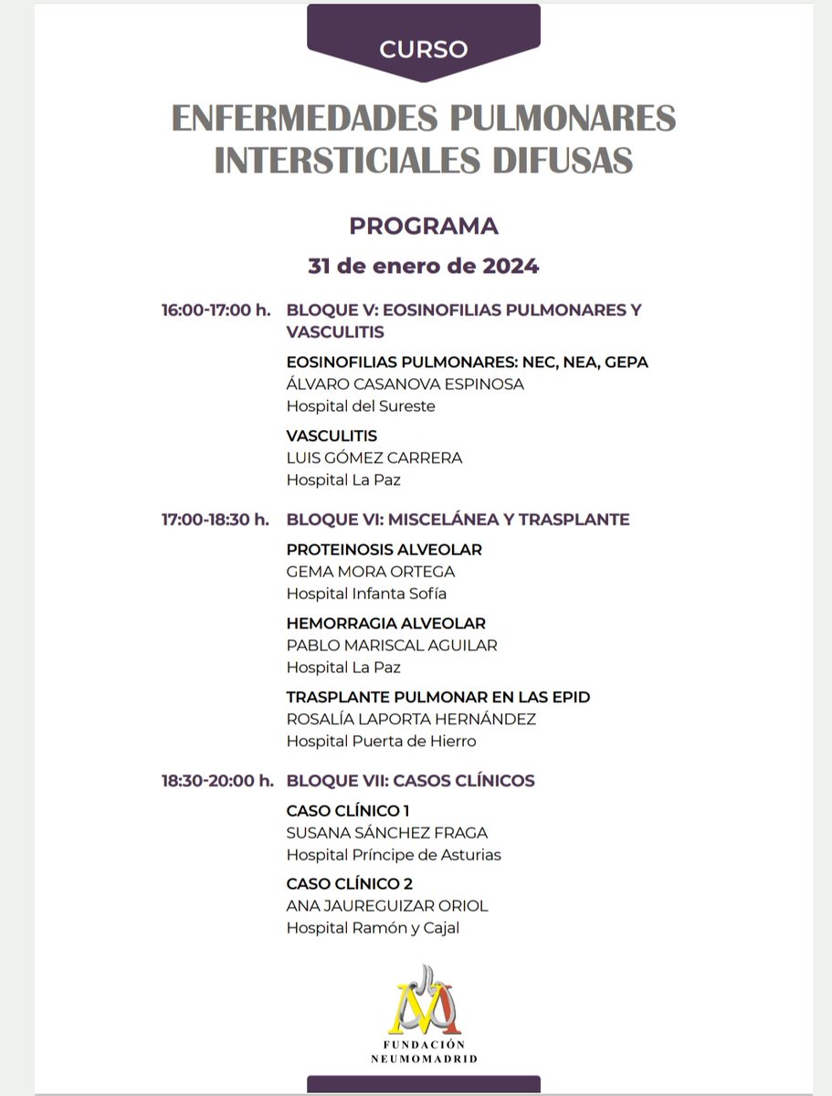 No os perdáis el curso de enfermedades pulmonares intersticiales de <a href="/NeumoMadrid/">Neumomadrid</a> . Inscríbete rápido en la web y disfruta de nuestros compañeros <a href="/JuanRigual/">juan rigual bobillo</a> y <a href="/anajaureguizar_/">Ana Jaureguizar</a>