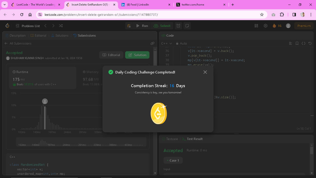 Solving daily problem (Day_16) on <a href="/LeetCode/">LeetCode</a>. Learning with fun and enjoying the tech journey.

Q. 380. Insert Delete GetRandom O(1).

#leetcodechallenge #problemsolving #improvement
#LeetCode #CodingChallenge #NewSkills
#DailyChallenges #LearnInPublic