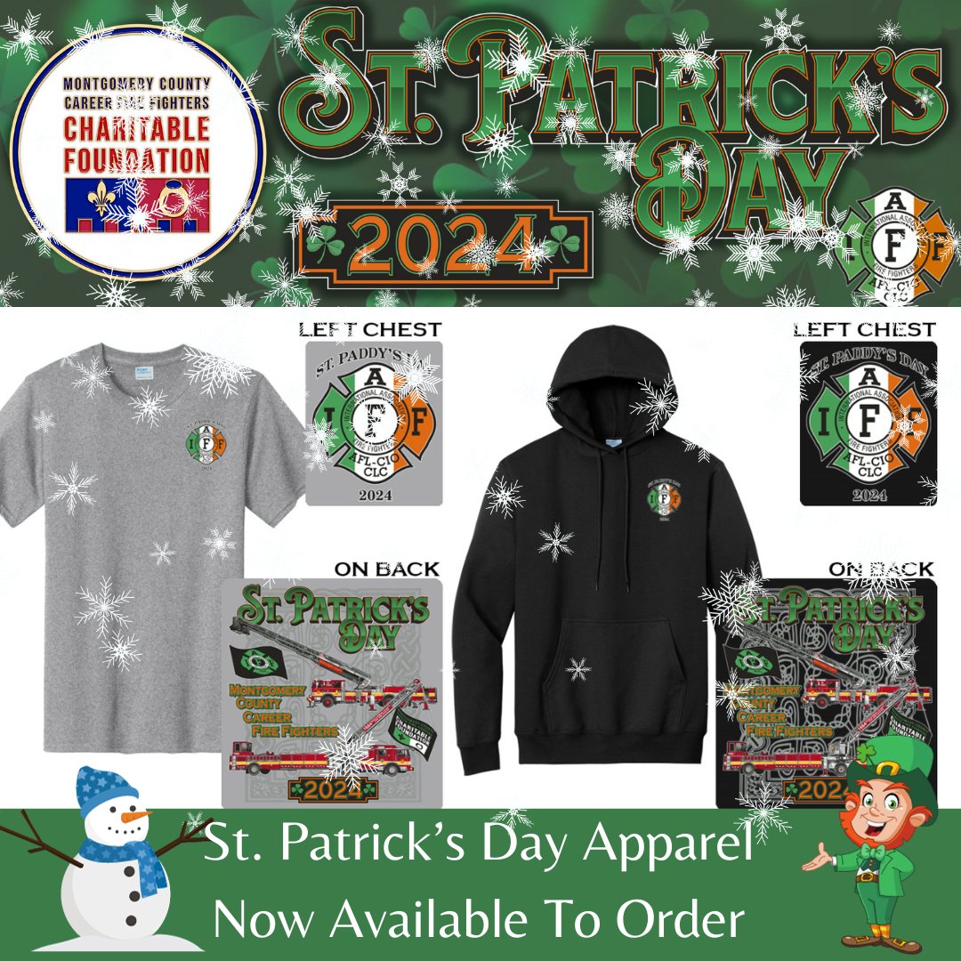 Mo Co Fire Fighters Charitable Foundation (@mocofirefndn) on Twitter photo Snowed in? It's a brrrrrfect day to order your St. Patrick's Day apparel and think of warmer weather! Don't miss your chance. Order yours today at stores.bjscustomcreations.com/mccffcf-2024-s…
<a href="/mcfrsPIO/">Pete Piringer</a> <a href="/IAFFLocal1664/">IAFF Local 1664</a>
#StPatricksDay #LuckOfTheIrish Snowed in? It's a brrrrrfect day to order your St. Patrick's Day apparel and think of warmer weather! Don't miss your chance. Order yours today at stores.bjscustomcreations.com/mccffcf-2024-s…
<a href="/mcfrsPIO/">Pete Piringer</a> <a href="/IAFFLocal1664/">IAFF Local 1664</a>
#StPatricksDay #LuckOfTheIrish