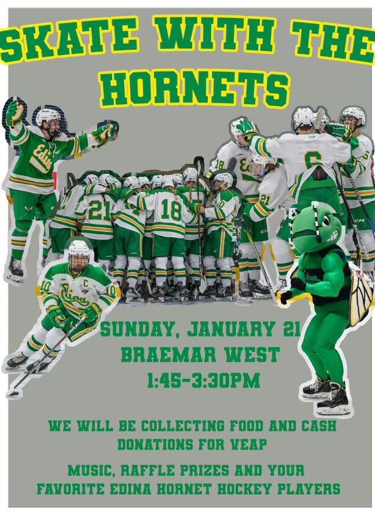 Huge week ahead for Hornets hockey fans! The boys take on Tonka and St. Michael-Albertville at Braemar (Thurs + Sat nights) and then our annual Skate with the Hornets Sunday afternoon! See you at Braemar!