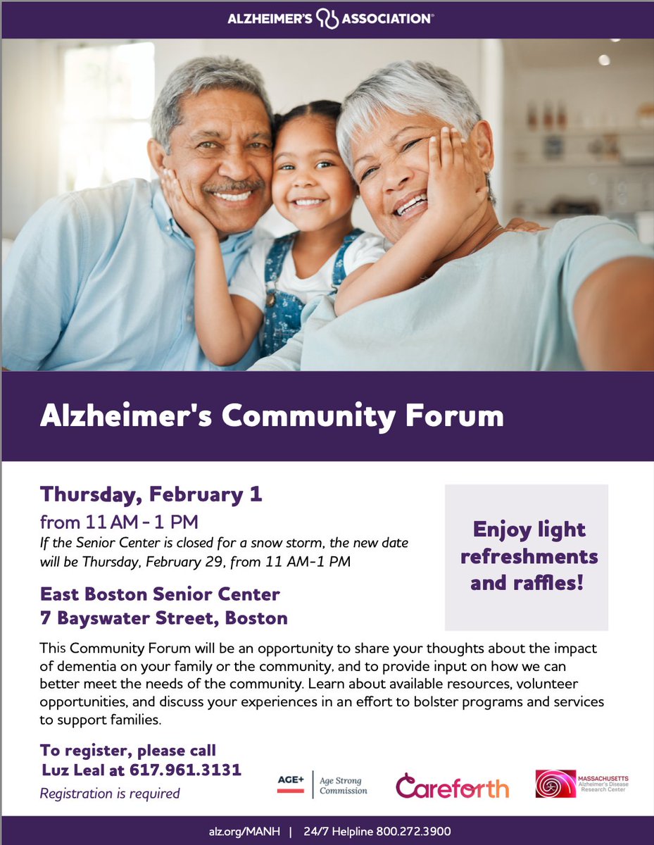 Join us for a Community Forum to discuss dementia and its impact on families and the community. This event will be presented in Spanish on February 1st from 11am – 1PM in East Boston. See flyer for details. #WeAreMADRC