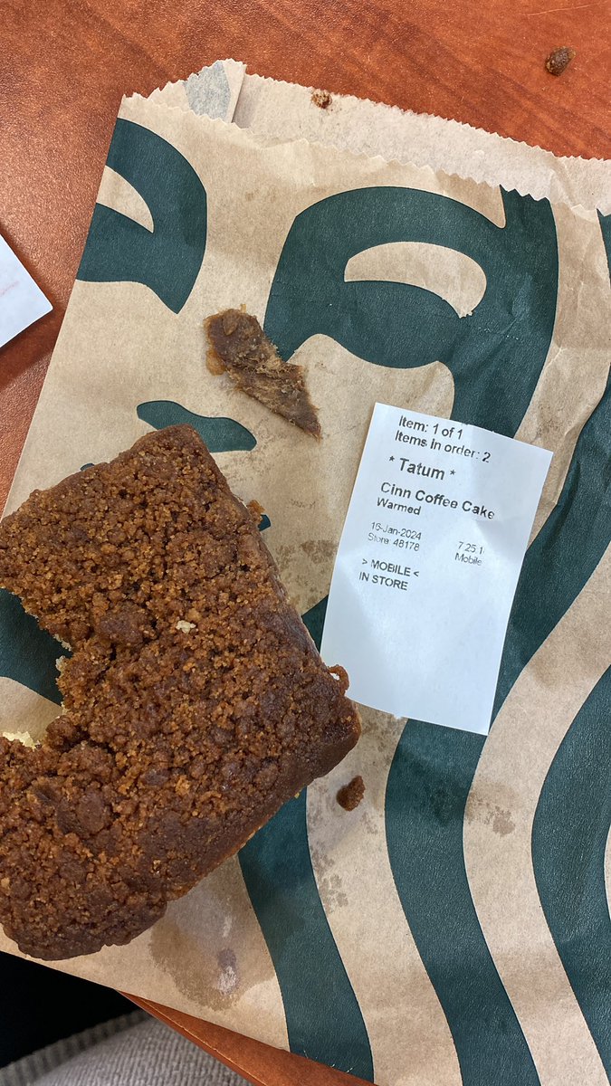 @starbucks my $4 cinnamon coffee cake came with cardboard in it this morning. Was very confusing while chewing 🤢