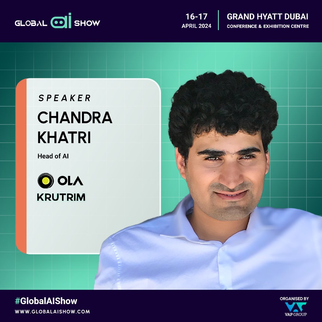 GlobalAIShow's tweet image. 📢Speaker Announcement
@chandra_pkhatri, Head of AI- @Olacabs  @Krutrim, joins the #GlobalAIShow 2024.   
Chandra Khatri is building the full AI stack for India, from chips to AI cloud to multilingual foundation models for consumer and enterprise applications. Driven by India&apos;s…