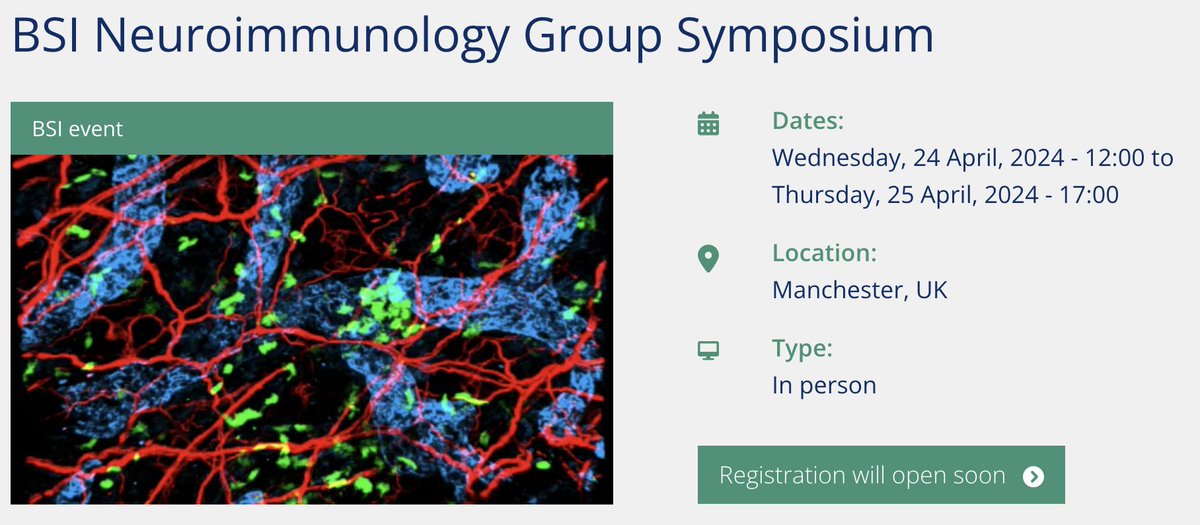 BSI Neuroimmunology Affinity Group (@bsi_neuroimmune) on Twitter photo CALLING NEUROIMMUNOLOGISTS! Our BSI neuroimmunology affinity group will be hosting its first meeting in Manchester on the 24/25 April starring <a href="/ClatworthyLab/">Clatworthy Lab</a> and @BecherLab <a href="/bsicongress/">BSI Congress & Events</a> - Save the Date :D 
immunology.org/events/bsi-neu… CALLING NEUROIMMUNOLOGISTS! Our BSI neuroimmunology affinity group will be hosting its first meeting in Manchester on the 24/25 April starring <a href="/ClatworthyLab/">Clatworthy Lab</a> and @BecherLab <a href="/bsicongress/">BSI Congress & Events</a> - Save the Date :D 
immunology.org/events/bsi-neu…