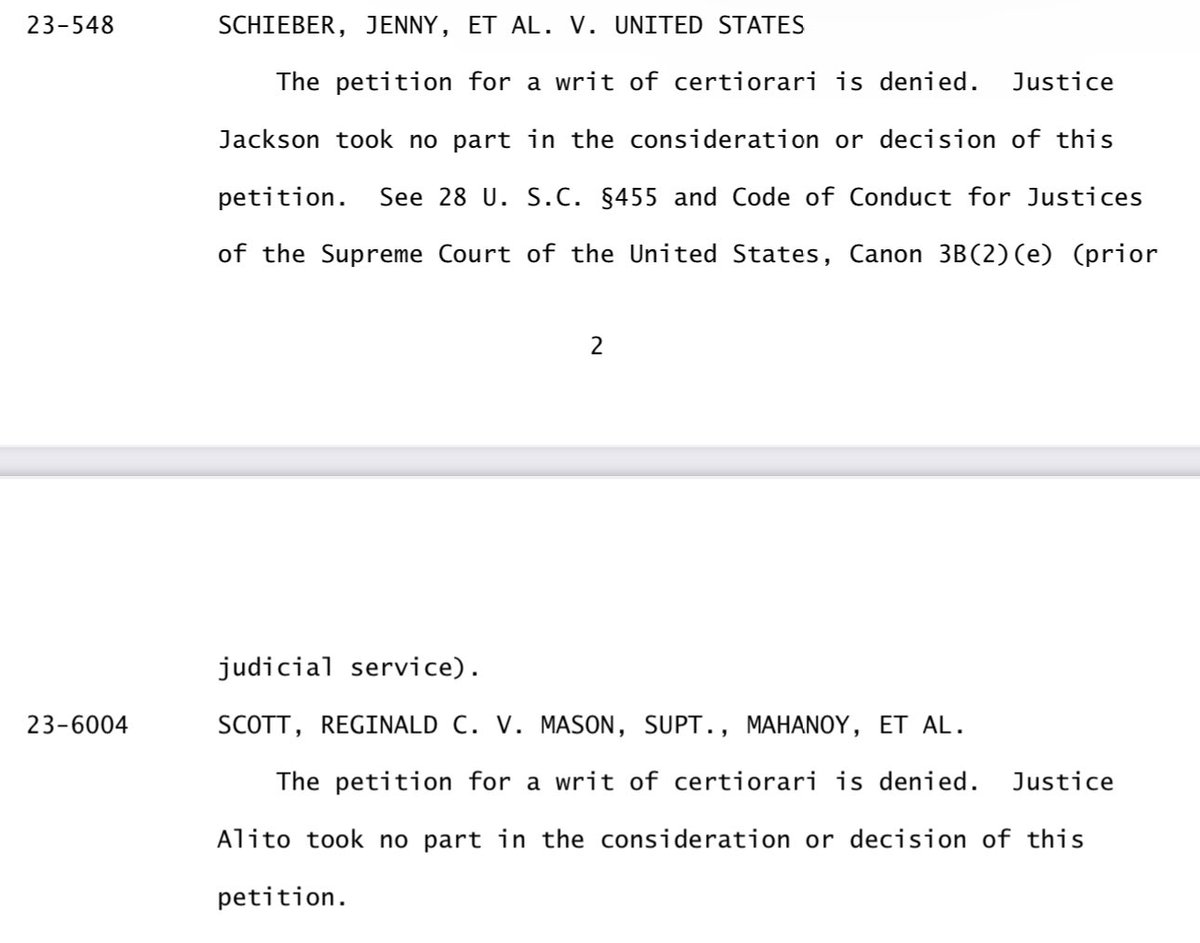 One justice explaining a recusal and one … not.