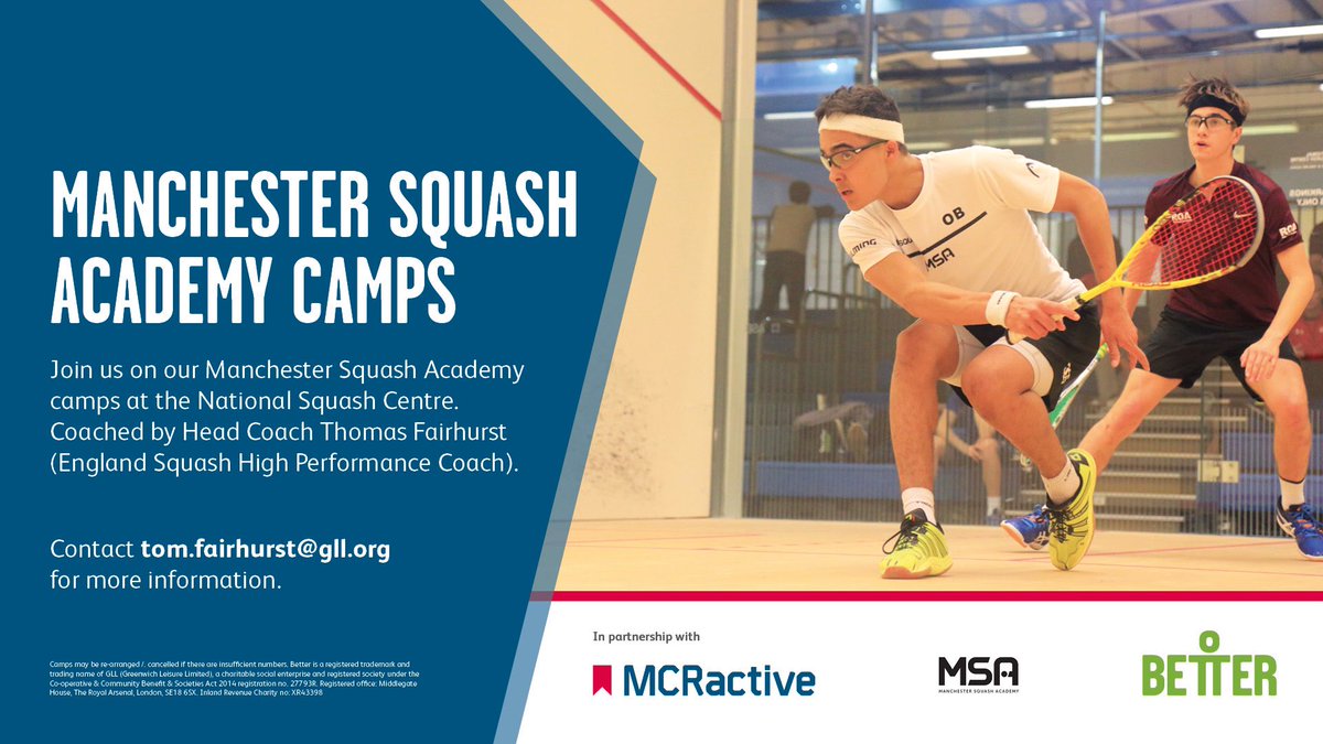 🚨 Squash Camp | The Manchester Squash Academy is running two days of junior camps in the upcoming February half-term at the National Squash Centre. The camps are aimed at county level and above. Book your place today shorturl.at/nyNT5 @englandsquash @MCRActive @Better_Mcr