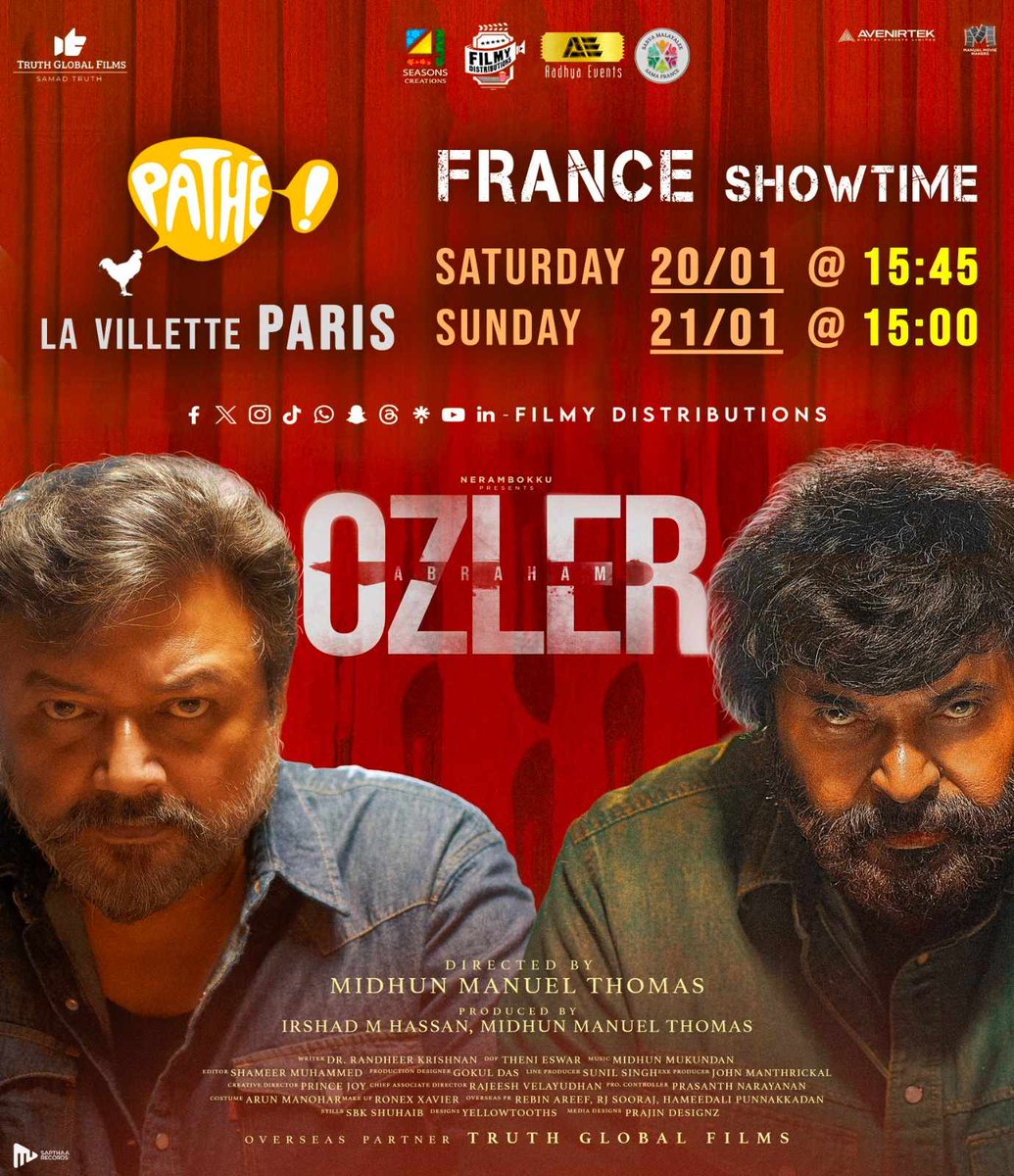 cinesunlights's tweet photo. Horaires du film #AbrahamOzler avec #Jayaram et #Mammootty
Par le réalisateur du film #AnjamPathira
Une sortie de @FilmyDistri @srinivas_gk123 et @4SeasonCreation https://t.co/U61L46B89M