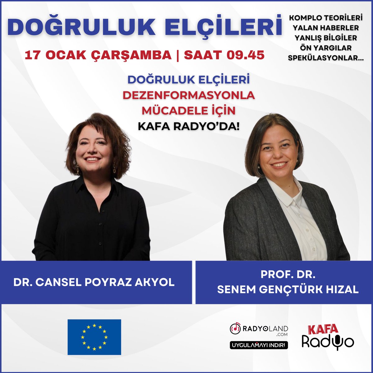 🎙️ Komplo teorileri, yalan haberler, yanlış bilgiler, ön yargılar, spekülasyonlar… ‘Doğruluk Elçileri’ dezenformasyonla mücadele için her çarşamba saat 09.45’te KAFA Radyo’da 📻 #KAFARadyo #DoğrulukElçileri #Radyoland