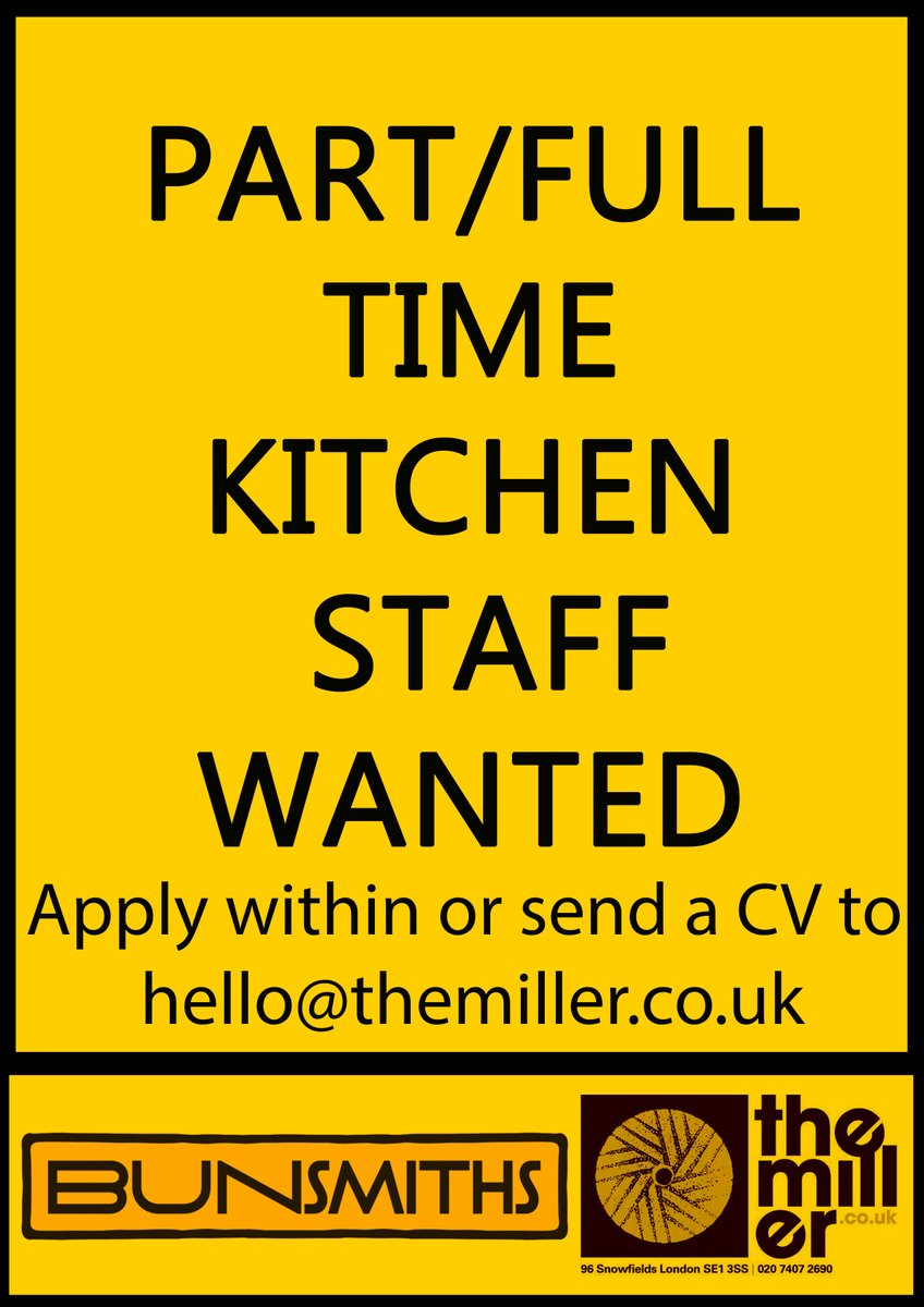 themillerpub's tweet photo. We are hiring for our kitchen. Email hello@themiller.co.uk or hand your CV in person at the pub. No experience needed. https://t.co/b05bEE0a8Q