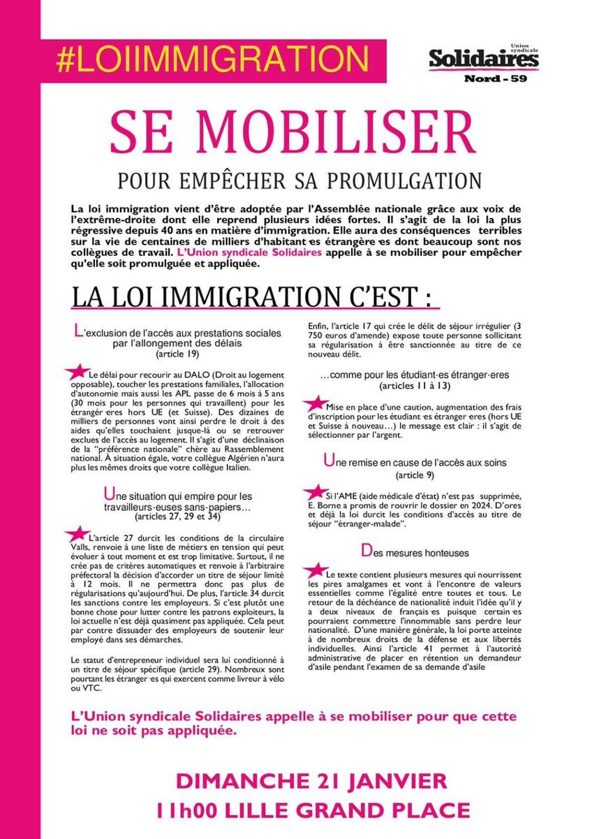 Pour lutter contre cette loi raciste et xénophobe
Soyons nombreux-ses dans la rue le 21 janvier