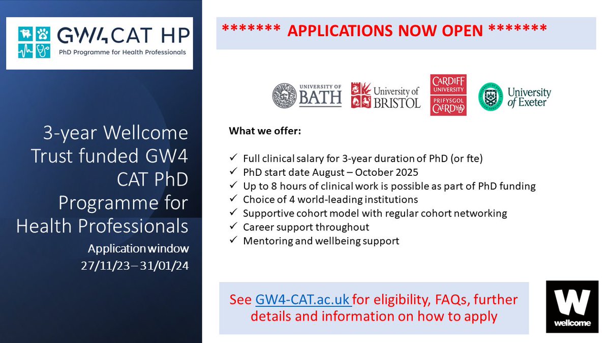 Application deadline is 31st January 2024!
See Website for eligibility gw4-cat.ac.uk/how-to-apply-2/. #vets, #NMAHPS, #pharmacist, #medics, #dentists, #surgeons, #clinicalscientists and all other registered health professionals