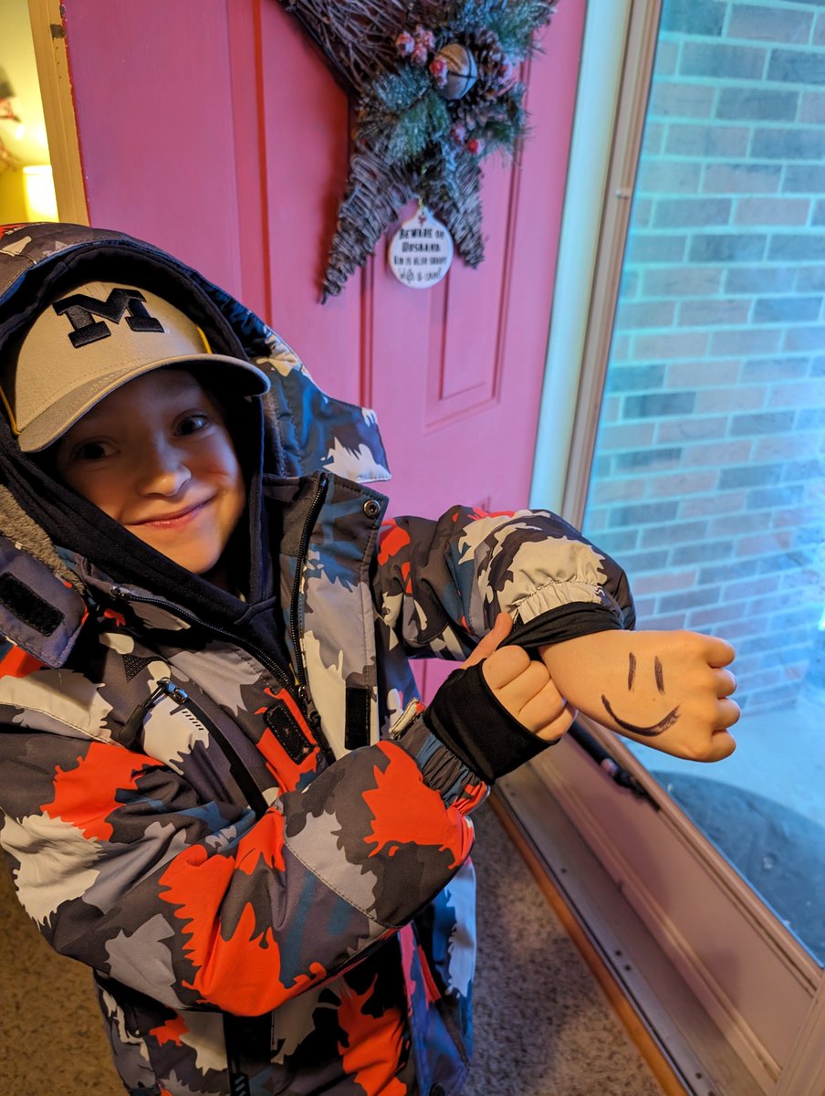 David_W_Brandon's tweet photo. @jjmccarthy09 my little guy Rowan has become a big fan of yours over the last few years. Of course he had to rock the smiley on his hand when we came to the pep rally Saturday night. He was sad to hear you're leaving but we'll always root for you!

][V][  GO BLUE FOREVER! 💙💛 https://t.co/zfwqUwlaic