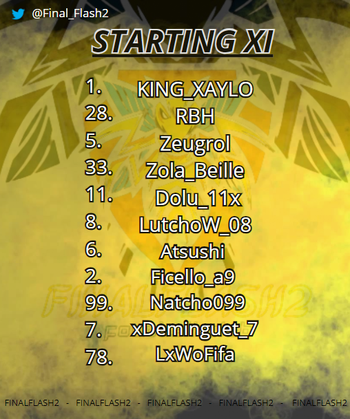 STARTING XI 

La composition est là, le calendrier dans quelques instant !!! 

lequel des jaunes et noirs va sortir du lots ce soir ? 

 🎨 : <a href="/LutchoWoff/">LutchoW_08</a>