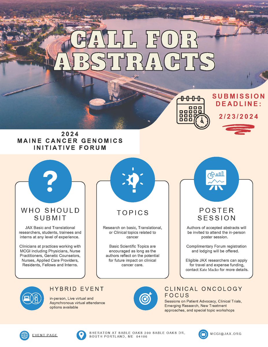 Now accepting poster abstracts for the 2024 MCGI Forum! Open to JAX researchers, students, clinicians, and more. Share your insights on basic, translational, or clinical topics related to cancer. 👉 Submit here: thejacksonlaboratory.qualtrics.com/jfe/form/SV_4H… @jacksonlab