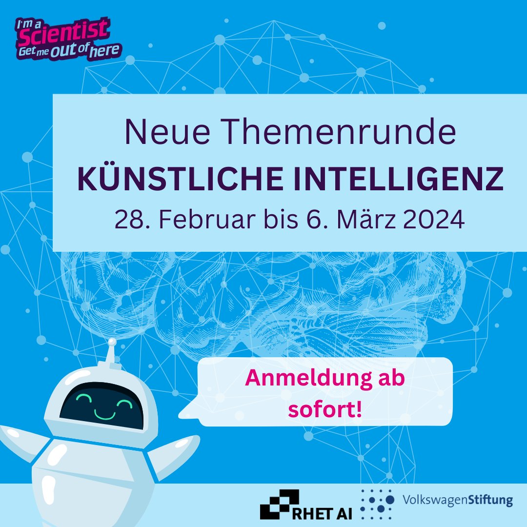 Wir suchen Wissenschaftler*innen für die neue Themenrunde „Künstliche Intelligenz” von #imascientist. Forschende können mit Schüler*innen über ihre Forschung & den Arbeitsalltag chatten und den Titel ihrer Lieblingswissenschaftler*in erstreiten: imascientist.de/bewerbungsform… #Wisskomm