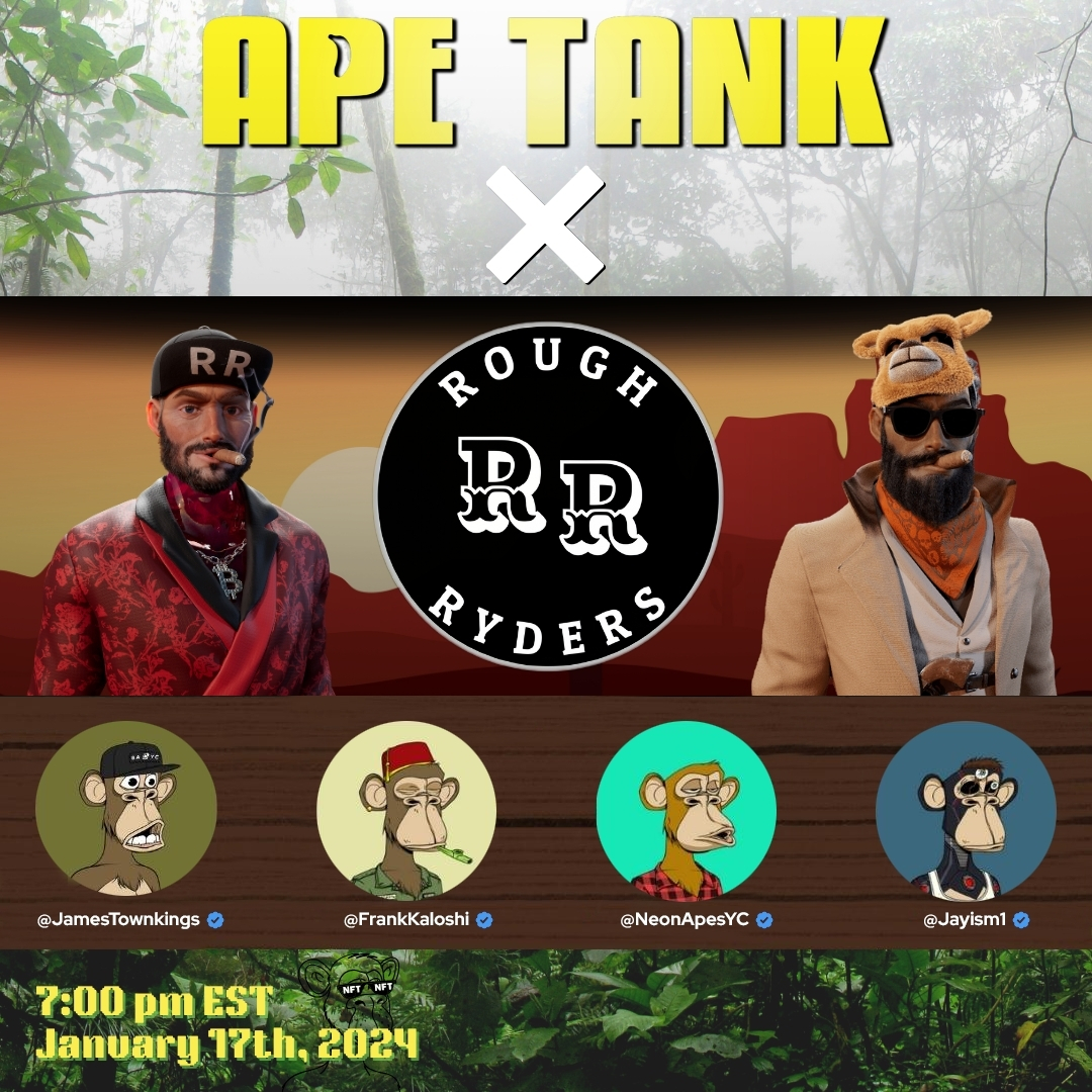 ape_tank's tweet image. Tune in📻to episode #87 of APE TANK on Wednesday, January 17th @ 7:00 pm EST!

Listen up as APE TANK features @Rough_Ryders to discuss what they're doing to bring value to the Web3 space! 👇
x.com/i/spaces/1vOxw…

#APETANK #ROUGHRYDERS
