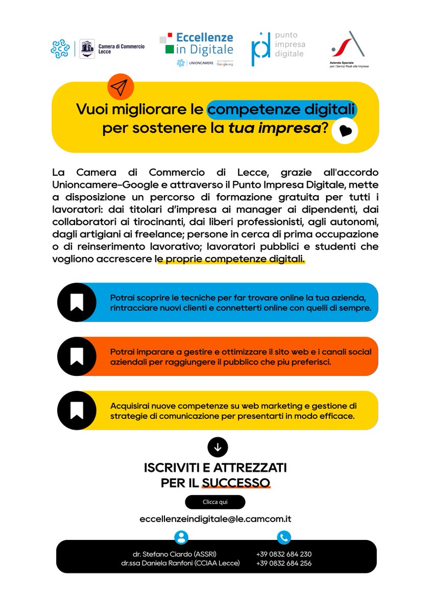 CamComLecce's tweet photo. #EccellenzeinDigitale - Percorso formativo gratuito per migliorare le proprie competenze digitali.
Prossimi appuntamenti 18 - 30 gennaio e 13 febbraio 2024
Info e iscrizioni: https://t.co/WROciIoFzl
#eid #DigitalSkills #competenzedigitali #formazione #Webinar https://t.co/cBu4bArKOf