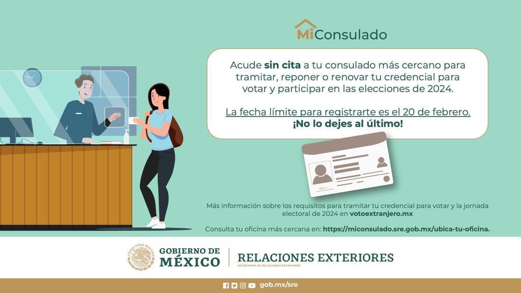 SRE_mx's tweet photo. 📌Si eres una persona mexicana y vives en el extranjero, no olvides tramitar tu credencial para votar y registrarte hasta el 20 de febrero para las elecciones de 2024.

Acude sin cita para tramitar tu credencial para votar en cualquier embajada o consulado de 🇲🇽 en el 🌎.

🇲🇽🤝🌎 https://t.co/FJLaGiabfC