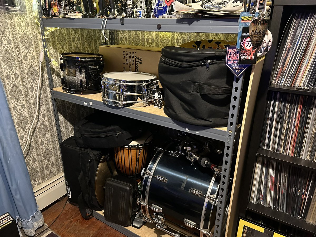 Ok, the shelf is more useful where it is, drums now take over shelving. Superhero stuff up stairs in a spare room to display… for now. Lugging drums up and down stairs is dangerous haha. First floor access is more important than 900 Batman figures look at me lol.  Focus changed