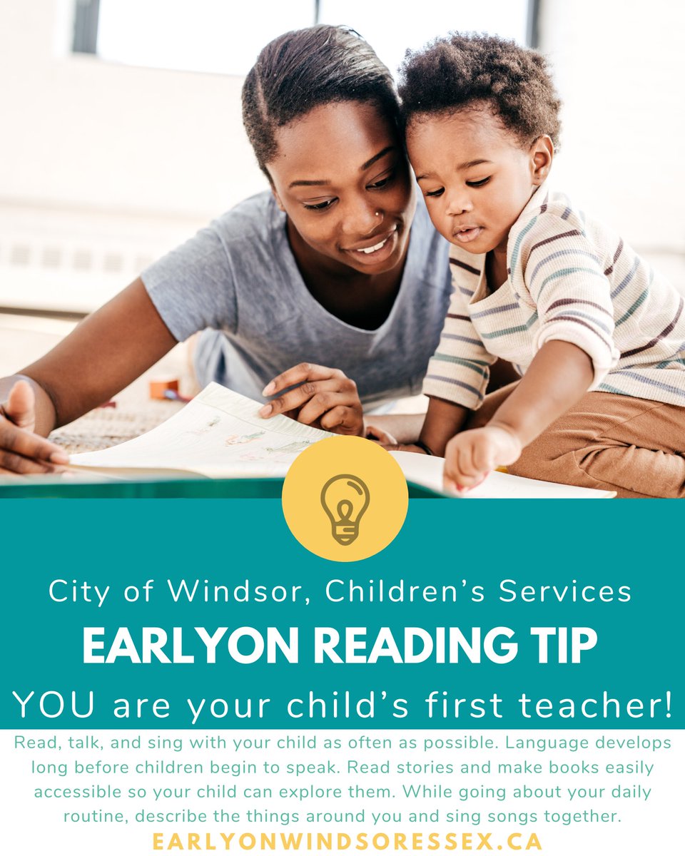 WEEarlyON's tweet photo. EarlyON Reading Tip:  YOU are your child’s first teacher!

Read, talk, and sing with your child as often as possible.  Language develops long before children begin to speak.  Read stories and make books easily accessible so your child can explore them. 

https://t.co/ttB5bJ7iDU https://t.co/sx2uEeZskH