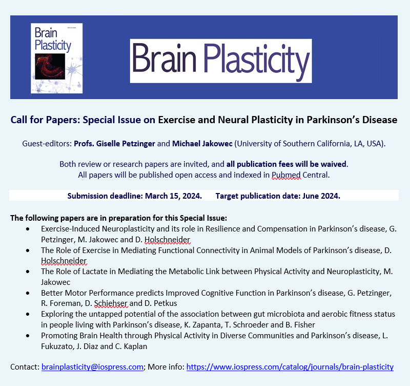 Partner notice: There is a call for papers for a special issue on Exercise and Neural Plasticity in PD, to be published in sister journal Brain Plasticity @BPL_Journal iospress.com/catalog/journa…