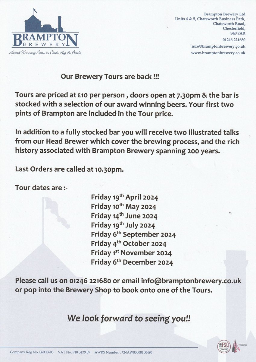 Our first three Brewery Tours for January , February and March 2024 are all fully booked up, so we have released some further dates for 2024. Full details in the attached @DesChes @madederbyshire @chesterfielduk @EastMidsCAMRA @SFourtyLocal