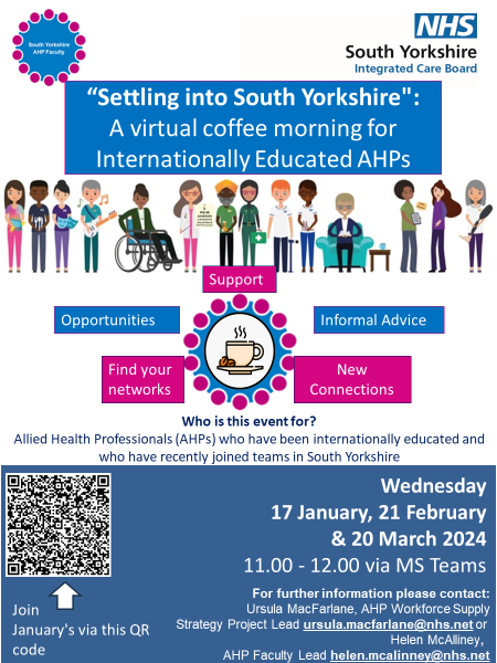 UKMacFarlane's tweet photo. Looking forward to this tomorrow 👇
📢 "Settling into South Yorkshire" 
 ☕️Virtual coffee morning for internationally educated AHPs recently joining our teams 
🕚 1100-1200
🔗To join meeting: https://t.co/KaiAimrwdv
No need to register - just join 
#AHPRetention https://t.co/fzhJogZgAC