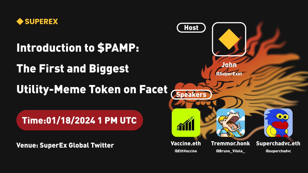 #XSpace: Introduction to $PAMP: The First and Biggest Utility-Meme Token on Facet

💰20000 $pamp tokens to #giveaway to 22 people, 

1⃣Follow <a href="/SuperExet/">SuperEx</a> and <a href="/SCS_CHAIN/">SCS Chain</a> 
2⃣Like, RT, and Tag 3 friends
3⃣Set a Reminder: x.com/i/spaces/1djxX…
#FACET #PAMP