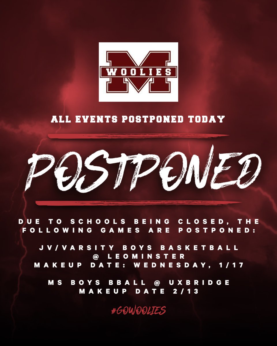 Woolie_Pride's tweet photo. All activities are canceled today. Please see below for the makeup dates:
@MillburyBooster @clowe_millbury @WoolieNews @tgsports #GoWoolies https://t.co/QS7ww1OGsB