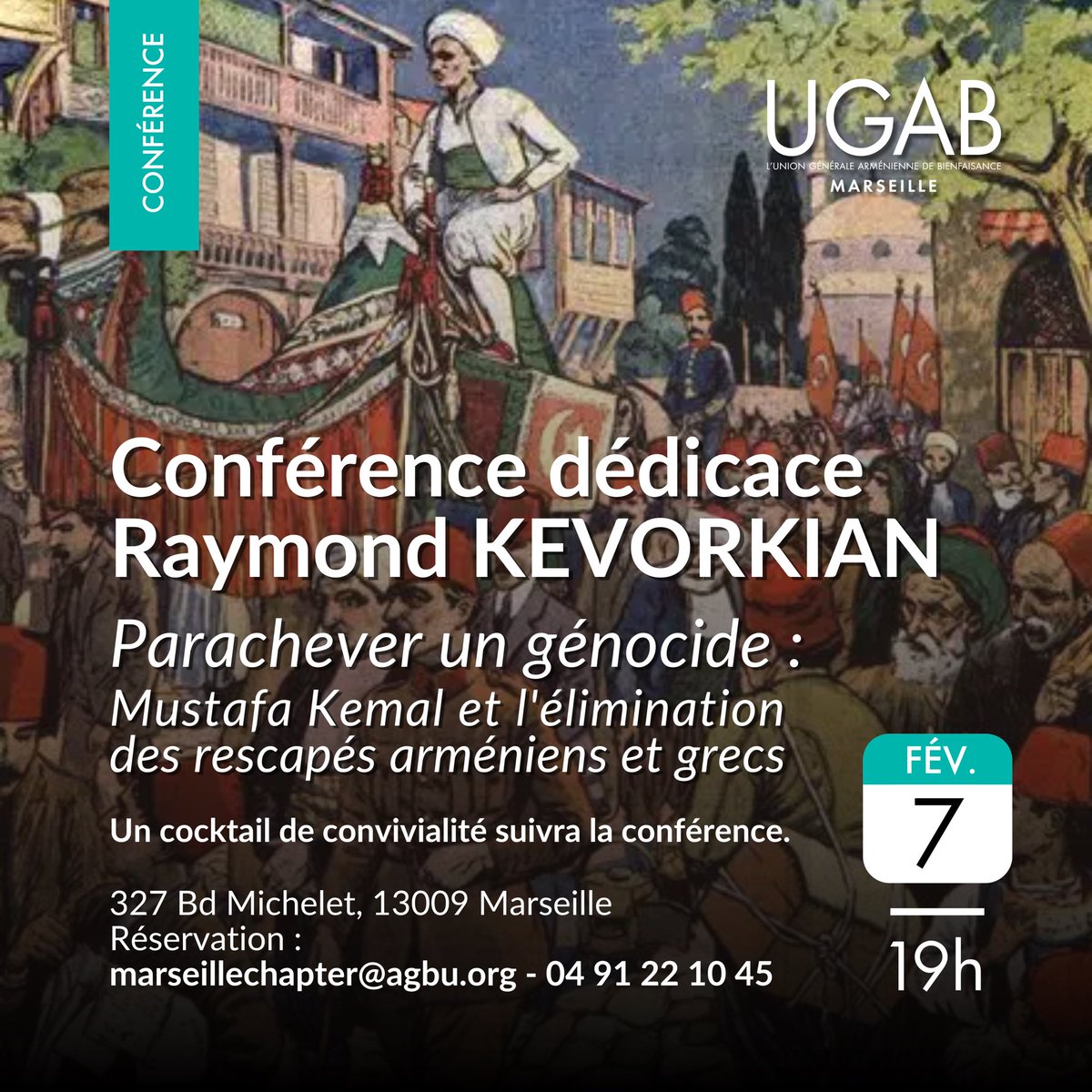 📚 🇦🇲 Le 7 février à l’#UGAB #Marseille nous recevrons l’historien de référence M. Raymond KEVORKIAN pour la conférence dédicace de son nouveau livre : « Parachever le #génocide : Mustafa #Kemal et l’élimination des rescapés #armeniens et #grecs » 

<a href="/agbu/">AGBU | #StopArtsakhGenocide</a>