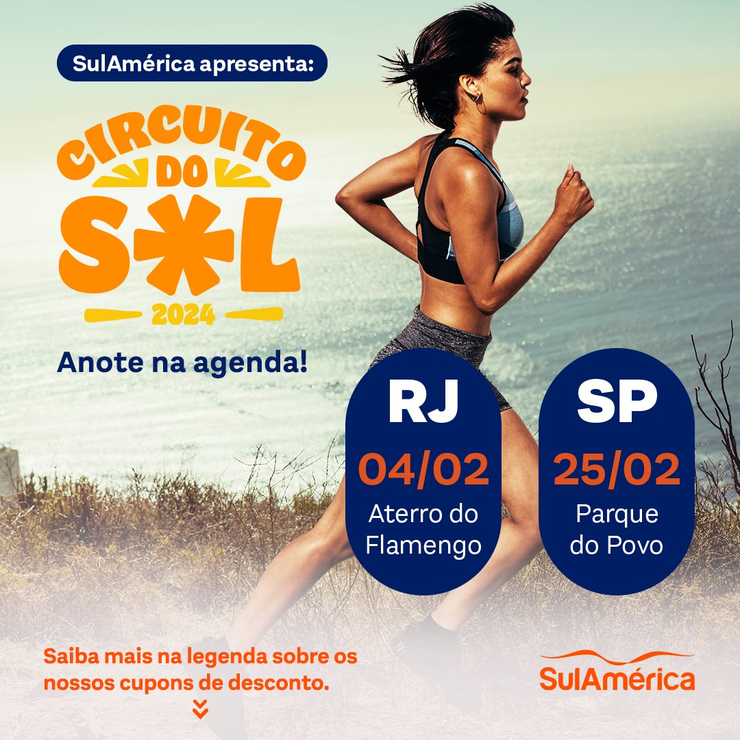 Inicie o ano priorizando o autocuidado e o seu bem-estar. A SulAmérica é patrocinadora oficial da corrida Circuito do Sol e espera você lá!😉 🚨Não esqueça dos nossos cupons de desconto exclusivos: Utilize SULAMERICA10 para o Rio de Janeiro e SULAAMERICA10 para São Paulo.…