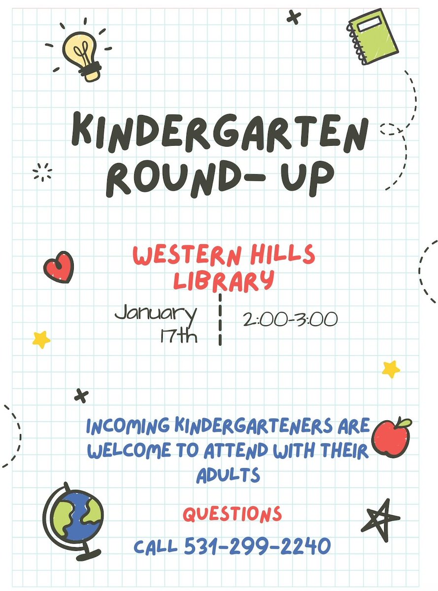 Just a reminder we will be having our Kindergarten Round up tomorrow Wednesday, January 17th from 2:00-3:00!