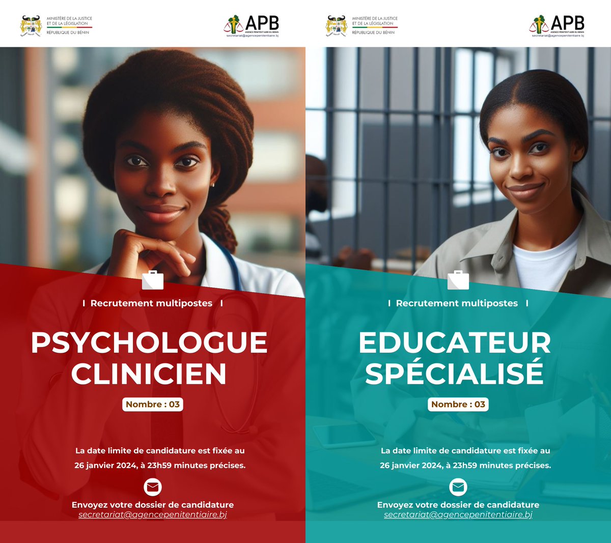 Justicebj229's tweet photo. Recrutement à l'Agence Pénitentiaire du Bénin. Consultez l'avis complet sur ce lien : https://t.co/Jvk3dmiqkG
#JusticeBénin #Wasexo #SystèmeJudiciaire #emploi #recrutement https://t.co/2dqzokWVKt