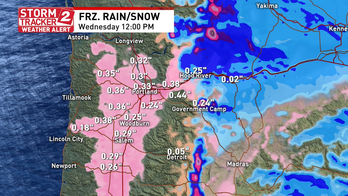 ICE STORM: Bottom Line- Get to your destination by afternoon, stay put until later tomorrow. You see approximate start times for ice or mixed precip. This will continue all night into morning. Ice accumulation (pink) may be significant. Snow, ice pellets (blue, peach) east &amp; mtns