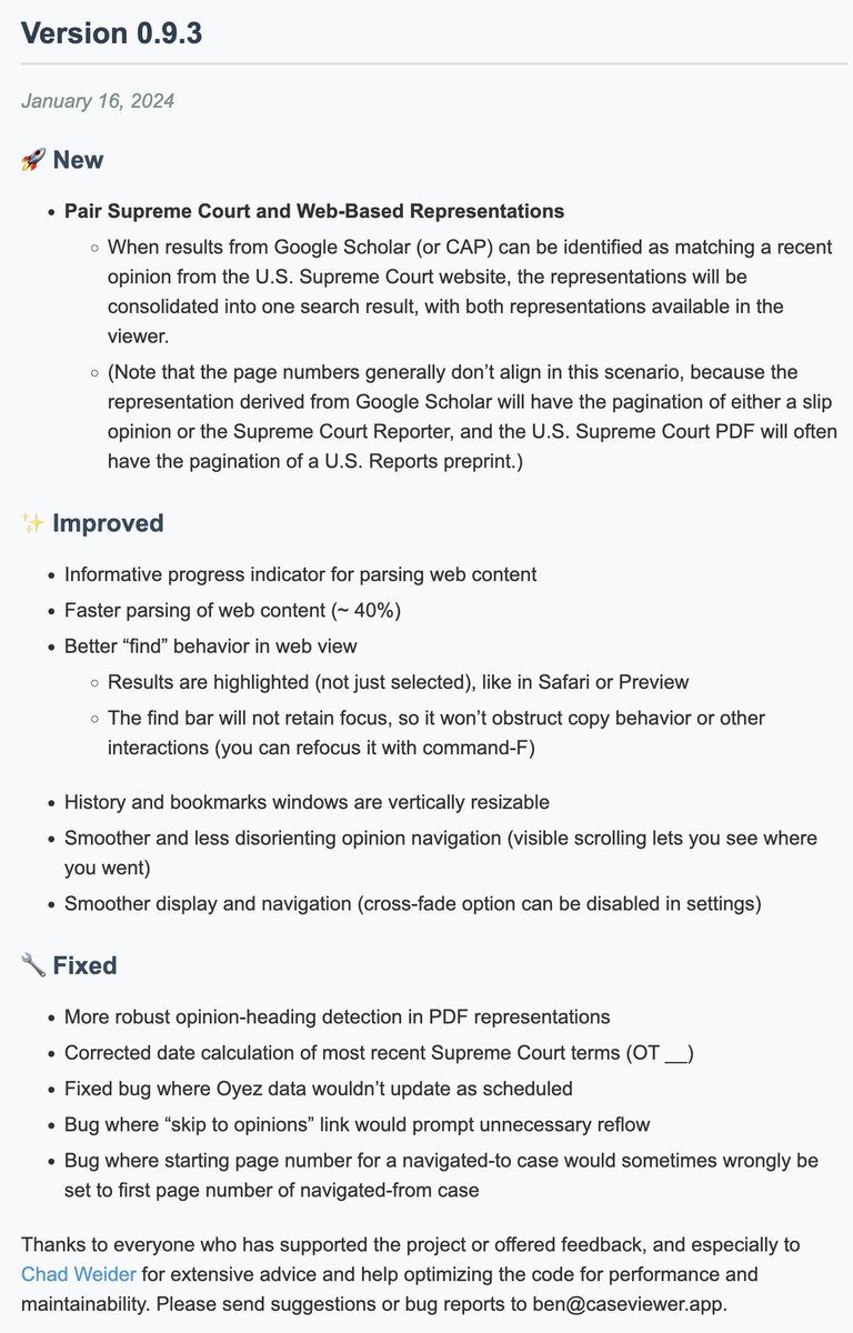 New in 0.9.3 (likely final pre-semester update):

— recognize and merge Google &amp; SCOTUS slip op results (like with Google &amp; LOC results)
— 40% faster case loading
— misc. UI improvements
— bug fixes

"Check for updates" in app or download at caseviewer.app