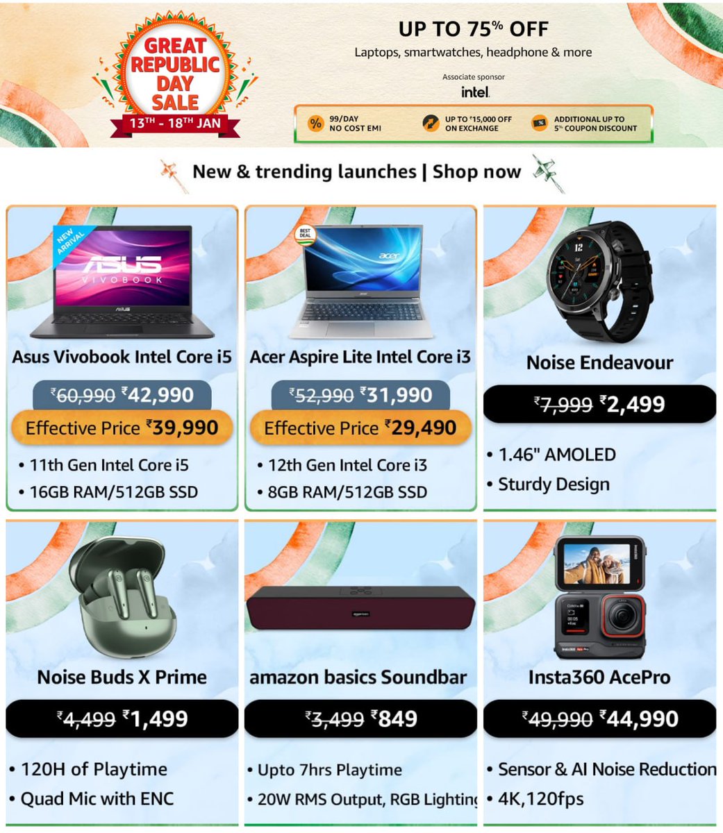 🇮🇳Great Republic Day Sale
Laptops, smartwatches, headphones &amp; more
Up to 75% OFF
–No Cost EMI Starting Rs 99/DAY
–Up to Rs 15,000 off ON EXCHANGE
–Additional up to 5% discount coupon
Shop Now :- amzn.to/3TZzVUo