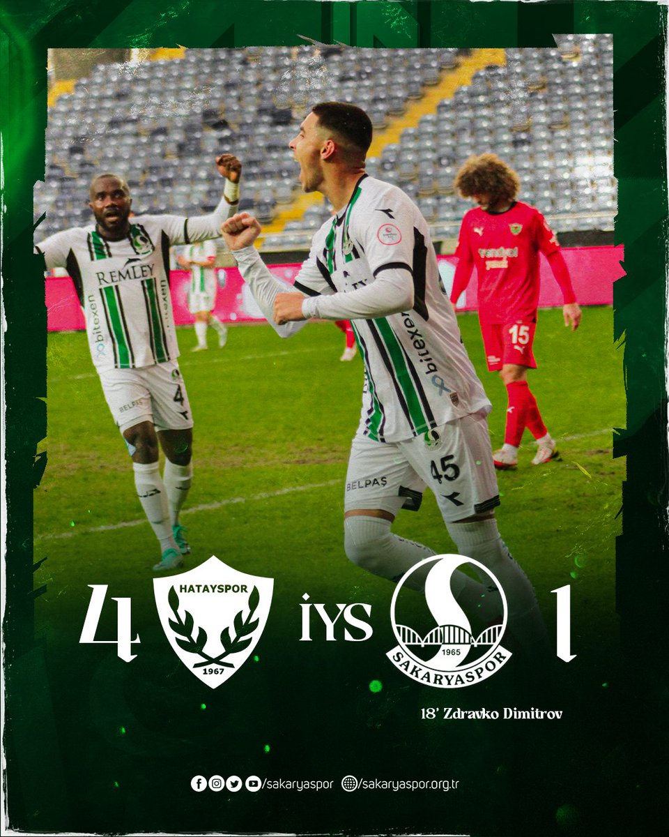 Sakaryaspor's tweet photo. İlk yarı sonucu| Atakaş Hatayspor 4-1 Sakaryaspor
#HTYvSAK https://t.co/nIx2cjkMEk