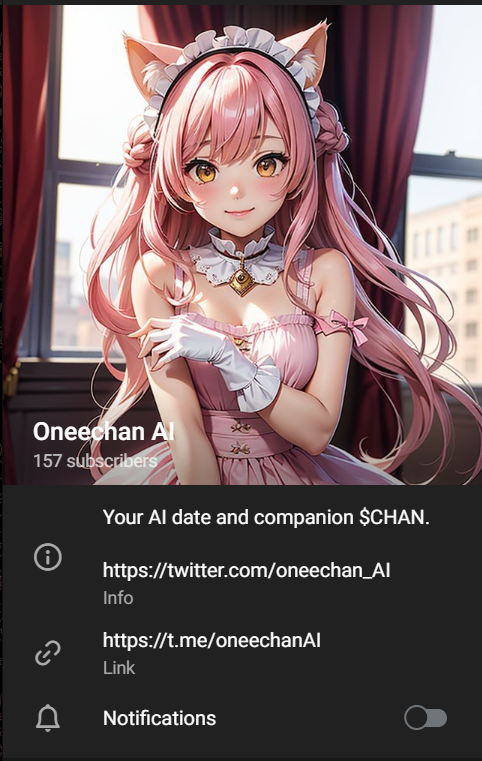 Our Telegram group is now live, won't you join me here? Dropping link for beta test soon~

t.me/oneechanAI

$CHAN $NEAR $NEKO $LONK #BLACKDRAGON