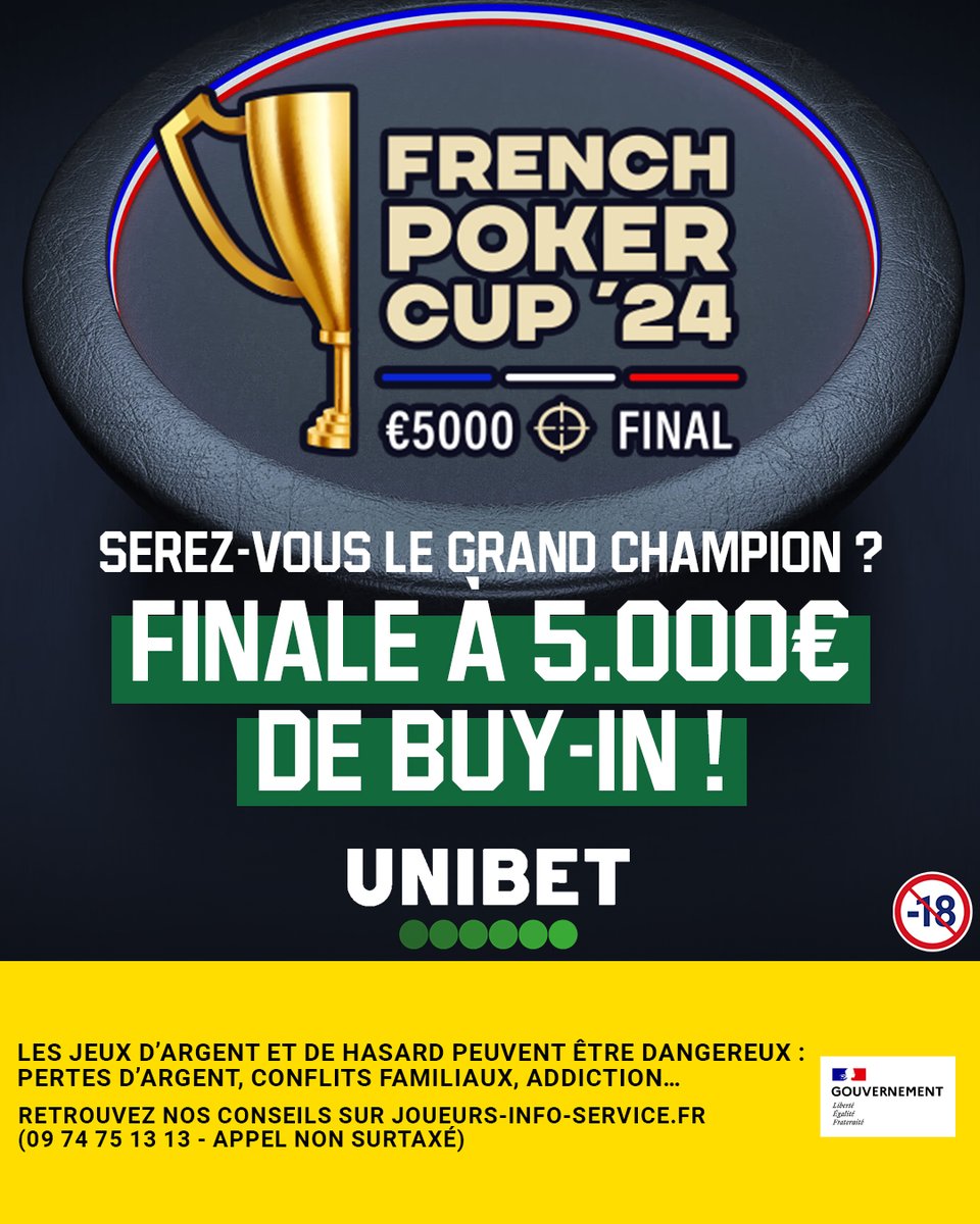 French Poker Cup 2024 🇫🇷🏆

Nouvelle formule pour 2024 ! Plus de joueurs et plus à la gagne 🤩😍
Les qualifications restent mais il sera possible de direct buy-in les finales trimestrielles à 1000€ ou de se qualifier via des sats classiques 😏

Détails: unibet.fr/poker/french-p…