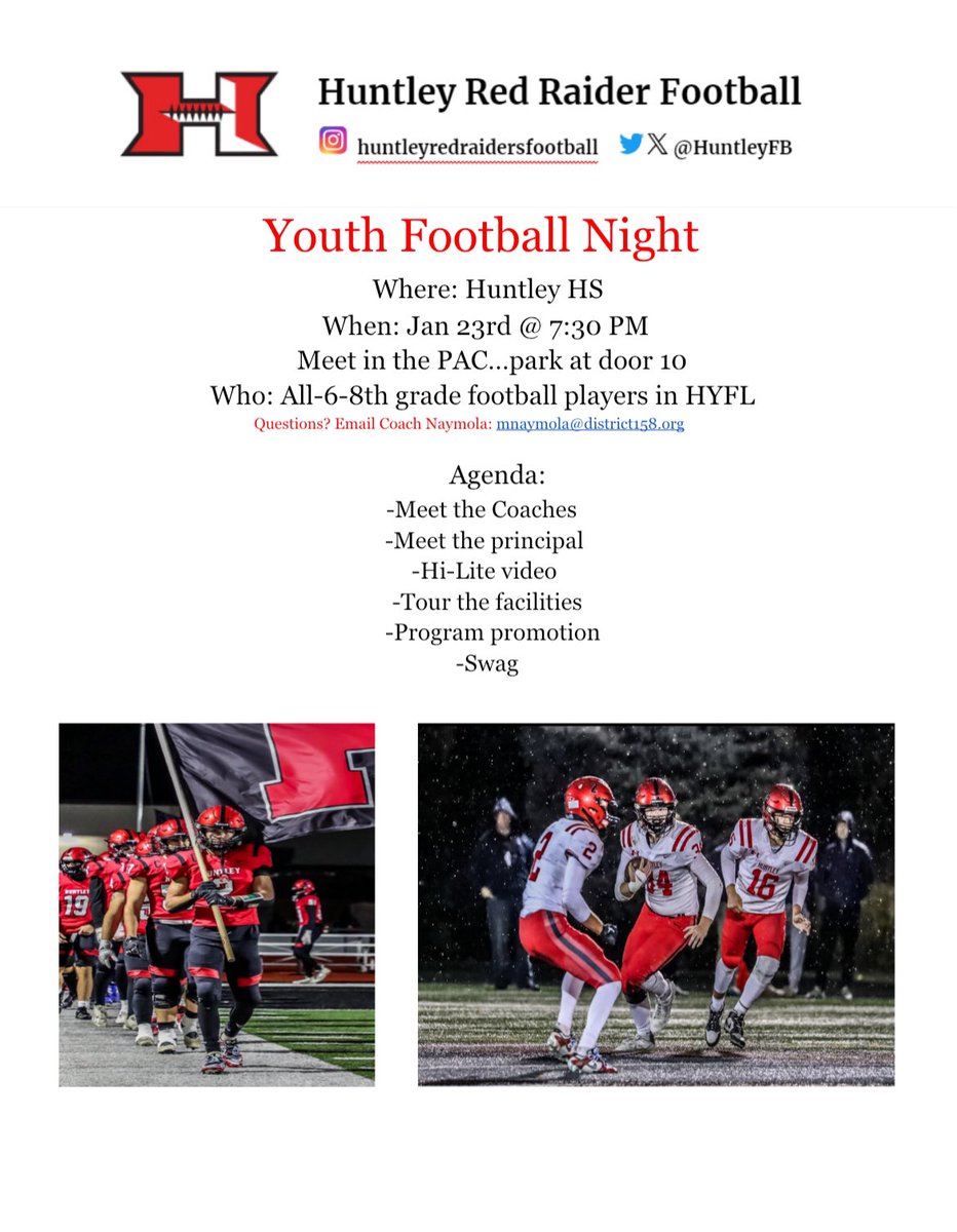 Huntley Red Raider Football (@huntleyfb) on Twitter photo Hey <a href="/HuntleyYouthRR/">Huntley Red Raiders Youth Football</a> 6th-8th grade football players, just a reminder about our youth football night one week from today!! We’re excited to see you all Jan 23rd!! Hey <a href="/HuntleyYouthRR/">Huntley Red Raiders Youth Football</a> 6th-8th grade football players, just a reminder about our youth football night one week from today!! We’re excited to see you all Jan 23rd!!