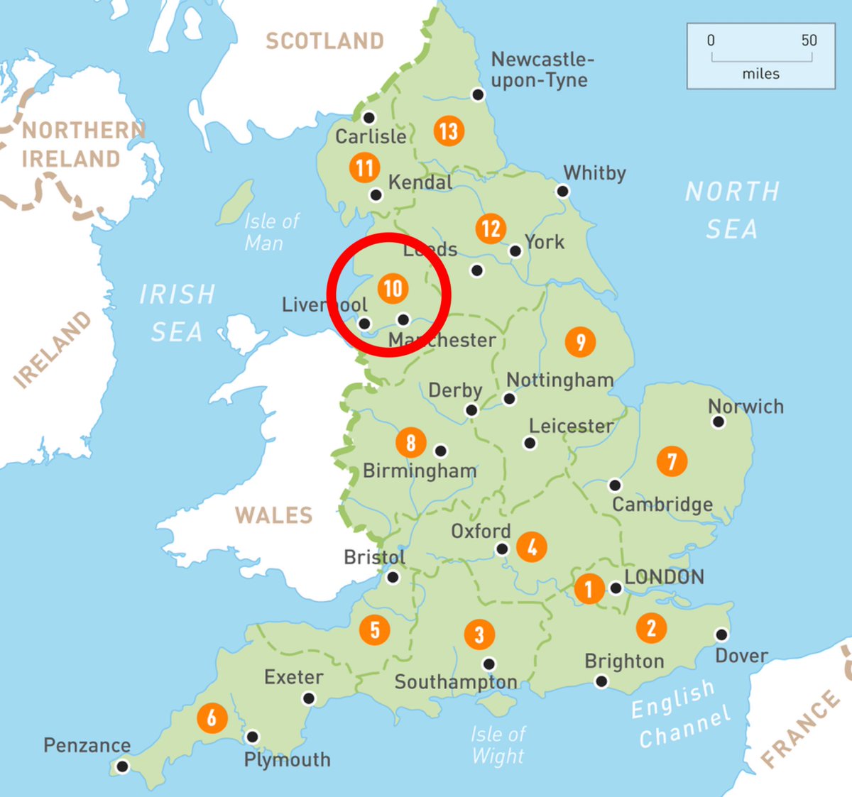 AmosMurphy_'s tweet image. Inside this red circle are:

- 35% of FA Cup wins in England 

- 38% of League Cup wins in England 

- 50% of league title wins in England 

- 67% of European Cup wins in England 

- 70% of Premier League title wins in England 

North West Powerhouse 💪