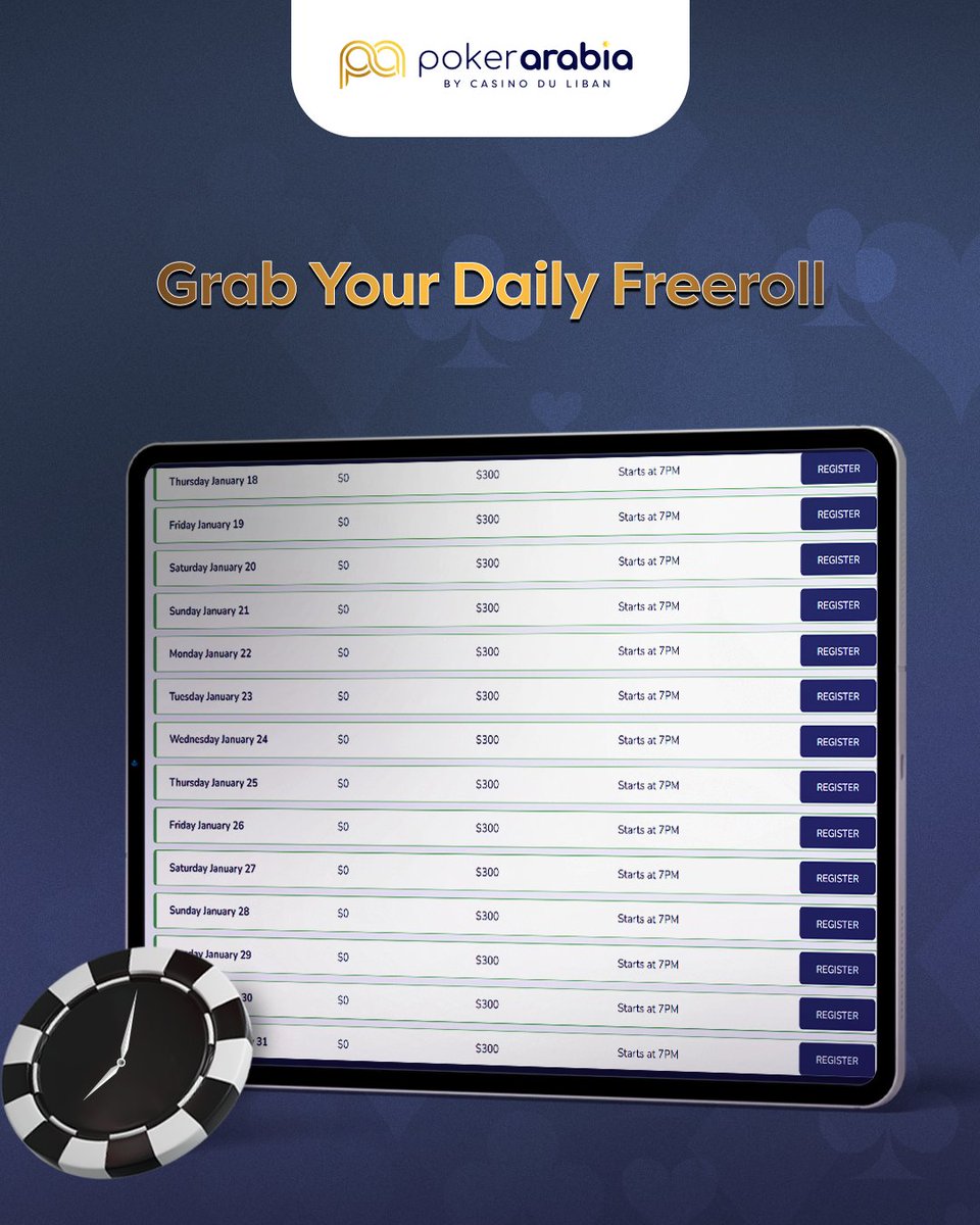 🔥Join Daily Poker Freerolls!

Play Poker for Free Daily at 7:00 pm🃏💵

#betarabia_lb #Pokerarabia_lb #pokerface
#PokerTournament #pokerlebanon #pokeraction