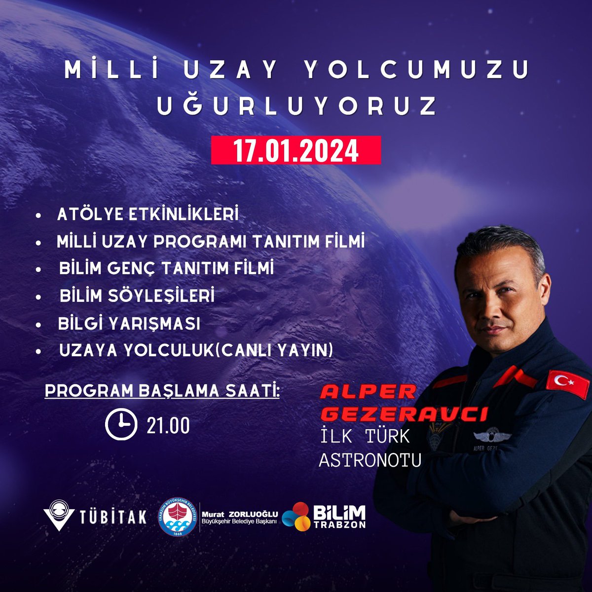 Türkiye’nin tarihindeki önemli anlardan biri olan insanlı ilk uzay misyonu 17 Ocakta Gerçekleşiyor..
Bu tarihi anı Trabzon Özdemir Bayraktar Bilim Merkezi olarak atölye etkinlikleri, bilim söyleşileri, bilgi yarışmalarıyla ve Uzaya Yolculuk canlı yayını ile eşlik ediyoruz 🚀