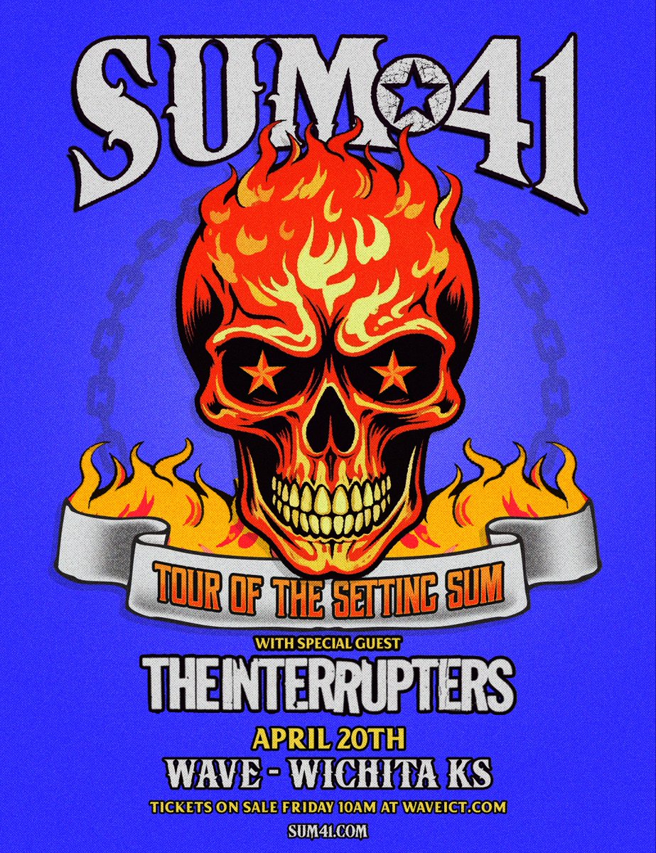 CONCERT ANNOUNCEMENT:
T95 welcomes <a href="/Sum41/">Sum 41</a> at <a href="/WaveWichita/">WaveICT</a> on Saturday, April 20th. Tickets go on sale this Friday at 10am at waveict.com. 'win tickets before you can buy them' this week.  Sum 41 and The Interrupters on 4/20 at WAVE!
#sum41 #waveict #livemusic #wichita