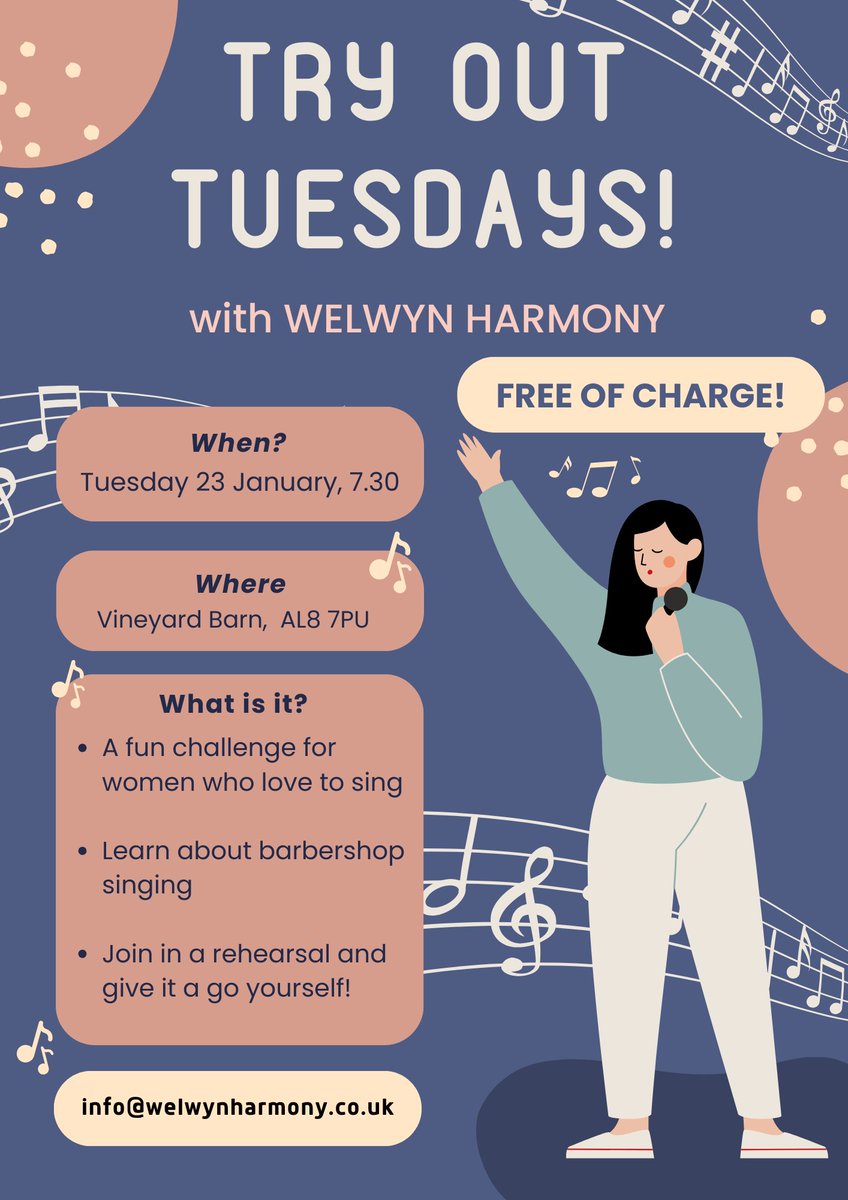 Just one week to go till the first of our Try Out Tuesdays!

The more the merrier, just let us know you're coming at info@welwynharmony.co.uk

#singing #acappella #harmony