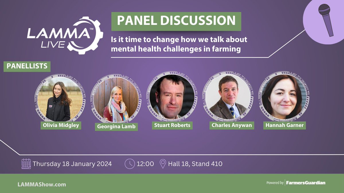 🎤 LAMMA LIVE: Speaker announcement 🎤

The @FCNcharity ask the question: Is it time to change how we talk about mental health challenges in farming. An expert panel discuss, join them on:

📅 12pm, Thursday 18 January, 2024

@FarmersGuardian @FGoliviamidgley