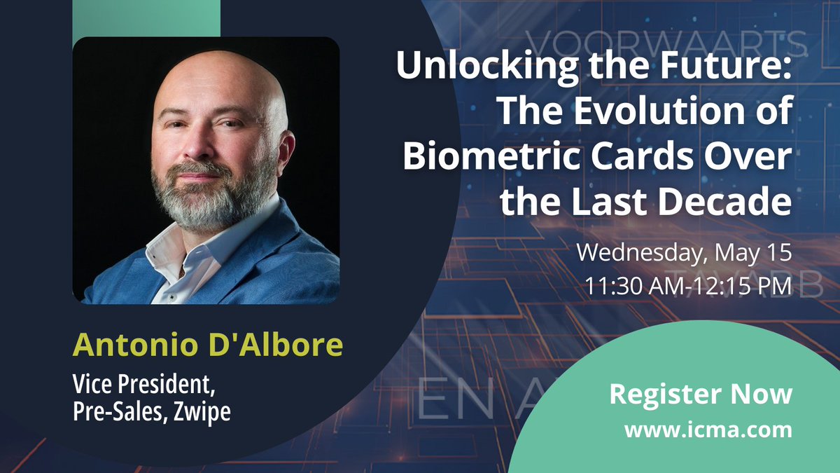 ICMATweets's tweet photo. We're excited to have Antonio D'Albore, Vice President, Pre-Sales, @zwipe, join us at ICMA's EXPO! Don't miss out as he discusses generations of #biometric cards, key pilots/launches, applications: pay, access, #crypto, &amp; more. Register here: https://t.co/3DCBB4C53X #payments https://t.co/xHjgAqPoeo