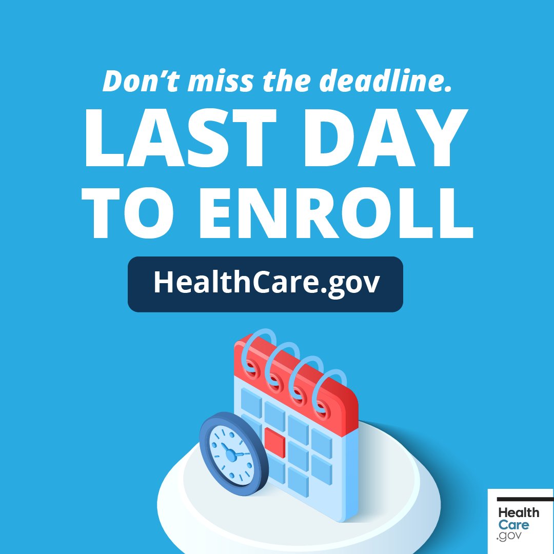 Today is the LAST DAY to enroll in a 2024 HealthCare.gov plan! Enroll now and #GetCovered for essential health benefits, including preventive services, like no copay birth control.