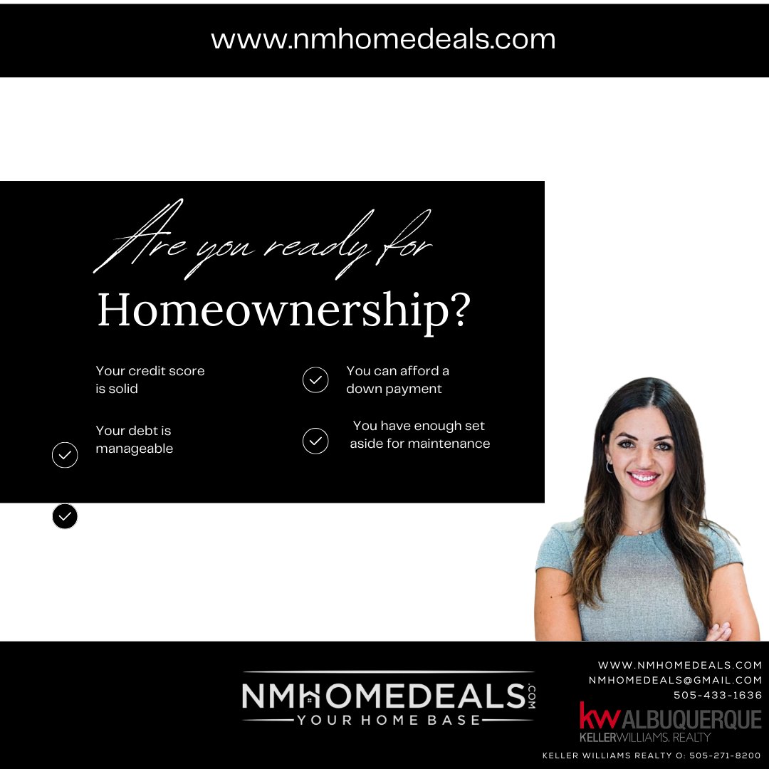 nmhomedeals's tweet photo. Taking the time to evaluate these factors can help you determine if you are financially and emotionally prepared for homeownership🏡🔑 Let's get you set up with a buyer or seller strategy meeting with one of our team members to make sure you are on the right path!😄
#nmhomedeals https://t.co/RWTqjuK0Lf