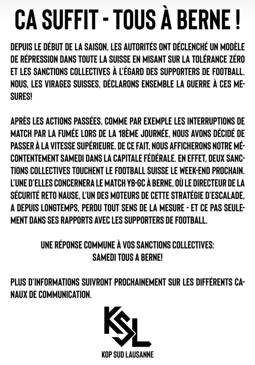 VERITHELVETIQUE's tweet image. ⚽️🚫| Les ultras vont manifester à Berne contre les sanctions collectives ✊
Brouillard prévu ce samedi sur Berne…(mais pas dans le stade)🧨😶‍🌫️ @Bern_Stadt @RetoNause @sfv_asf 
#ultras #KopSudLausanne #SectionGrenat #Sudkurve #Espenblock #Muttenzerkurve #football #fussball